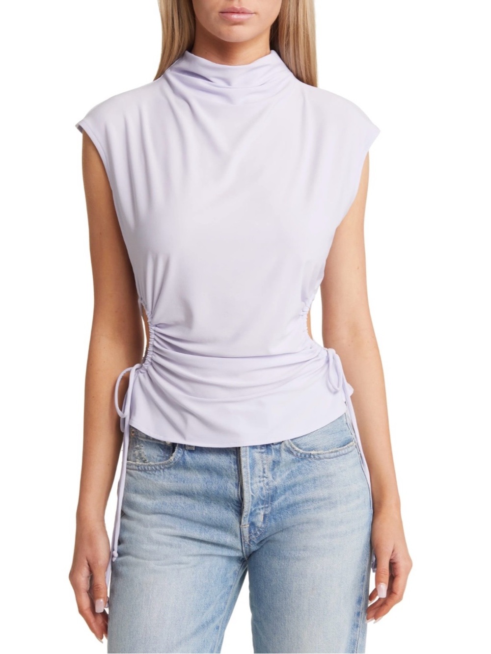 Open Edit Light Purple Lavender Ruched Cutout Mock Neck Top Size Small